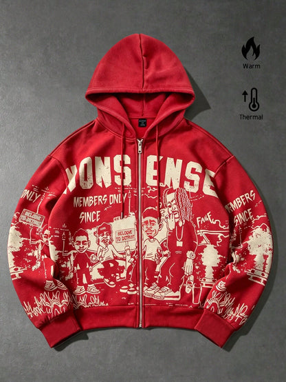 Men Graphic Zip-Up Drawstring Hoodie