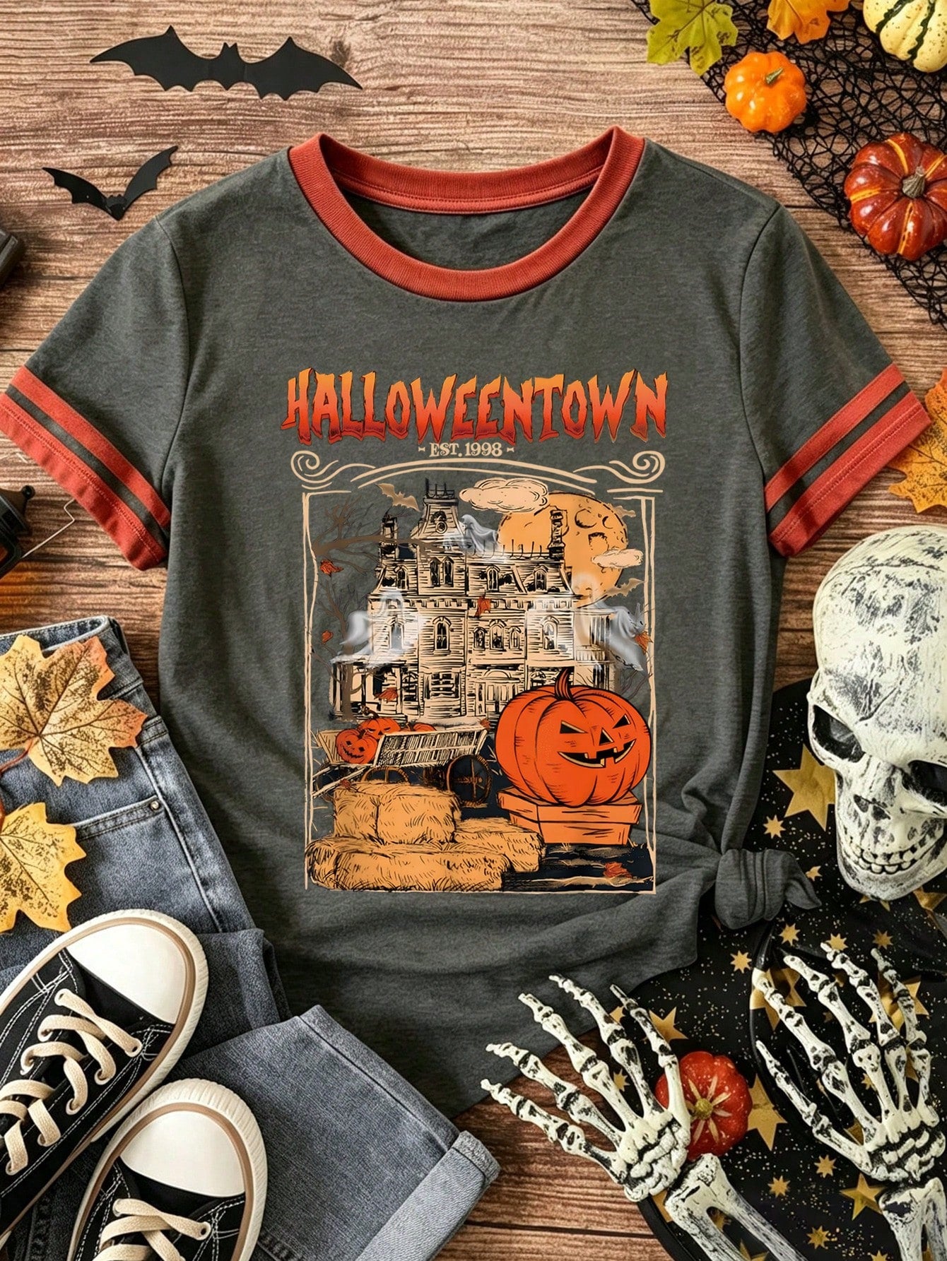 Women's Vintage Halloween Town Graphic Print T-Shirt