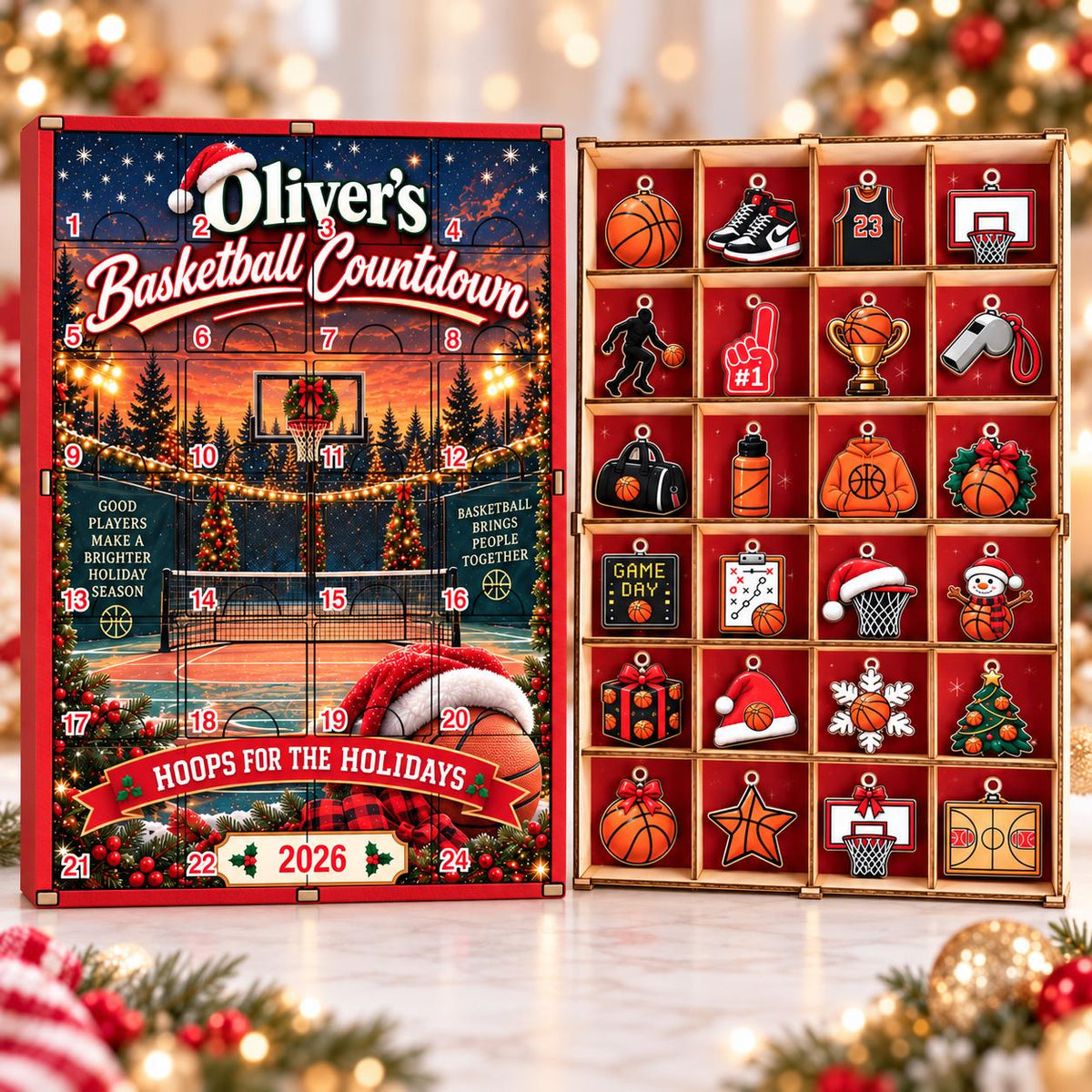 Personalized Basketball Advent Calendar, Wooden Christmas Countdown with Acrylic Charms, Custom Basketball Gift, Basketball Lover Christmas Gift