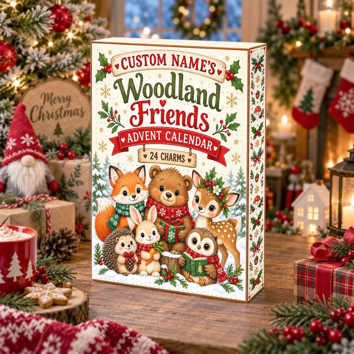 Personalized Woodland Friends Advent Calendar Box, Custom Name 24 Charm Christmas Countdown, Kids Holiday Keepsake Gift