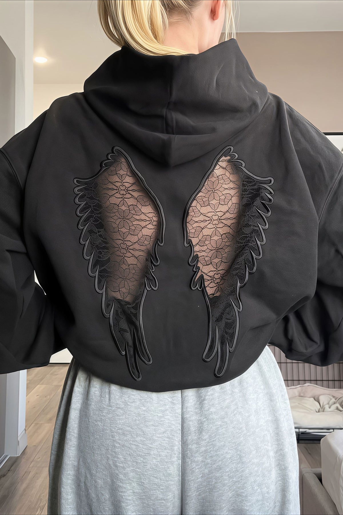Lace Wing Back Cropped Zip Up Hoodie