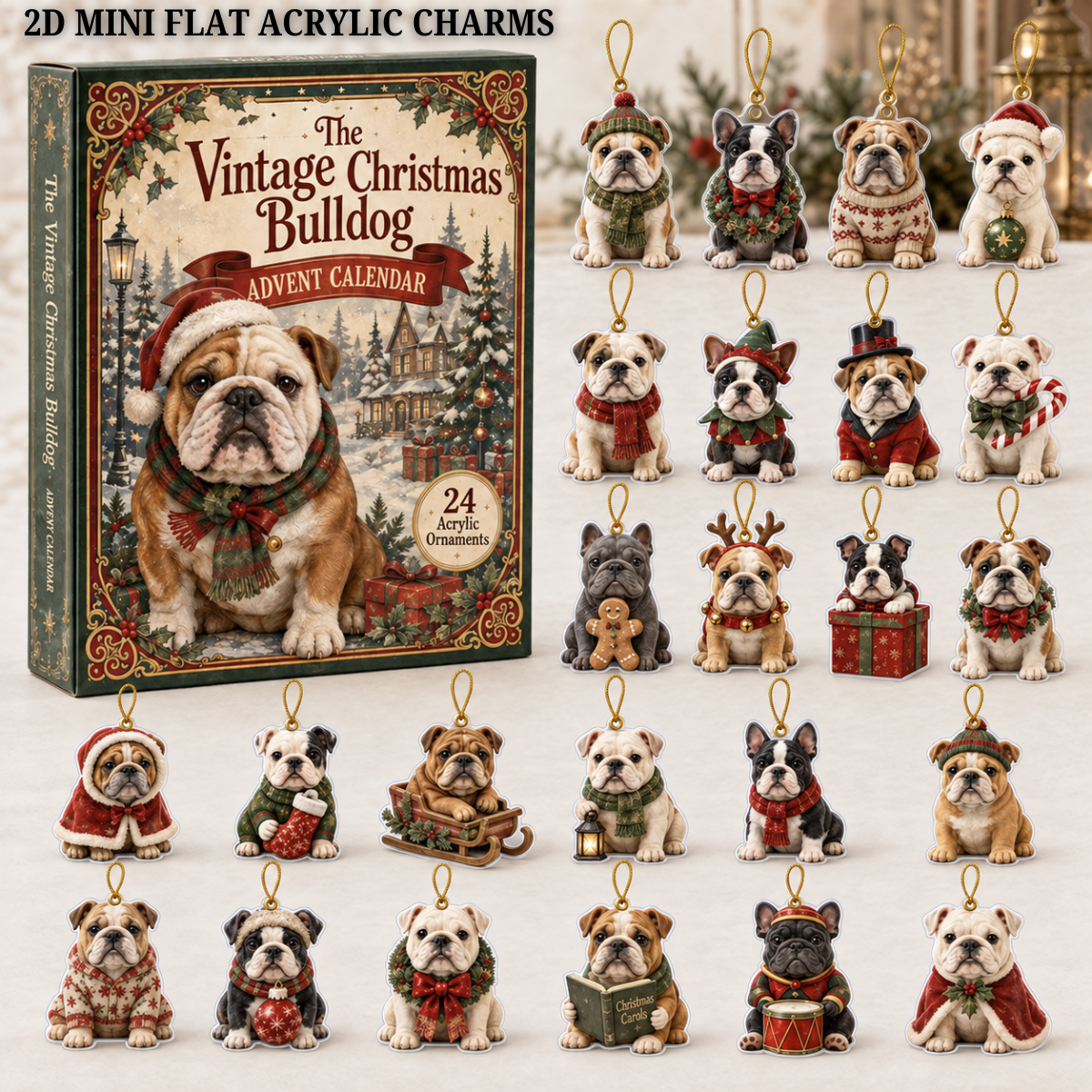 The Vintage Christmas Bulldog Advent Calendar 2026 - 24-Day Festive Countdown, Acrylic Charms Blind Box - Gift For Bulldog Lovers