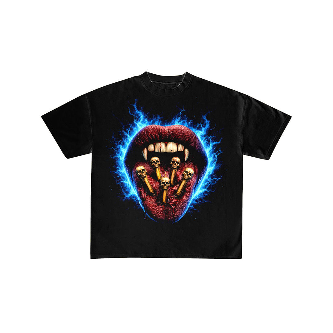 Blue Fire Vampire Mouth Skull Graphic T-Shirt