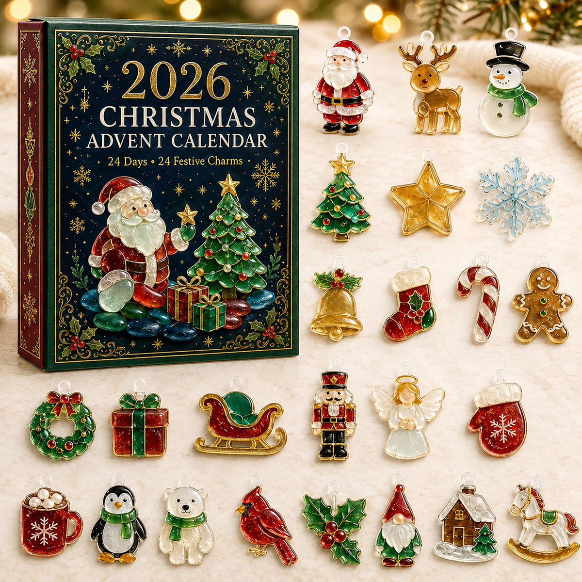 2026 Christmas Advent Calendar, 24-Day Holiday Countdown with Acrylic or Wood Charms