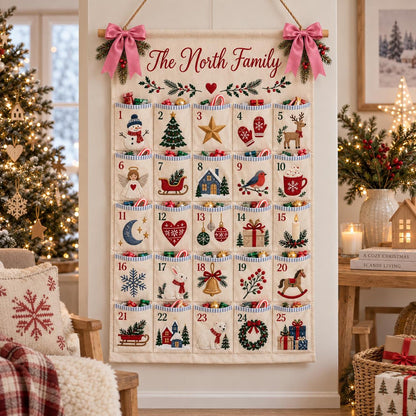 Personalized Family Advent Calendar, 25 Pocket Christmas Countdown, Custom Name Wall Hanging, Kids Holiday Gift, Pink Christmas Decor