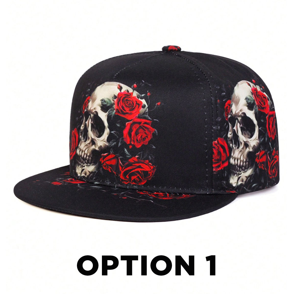 Skull Floral Print Hip Hop Flat Brim Baseball Cap