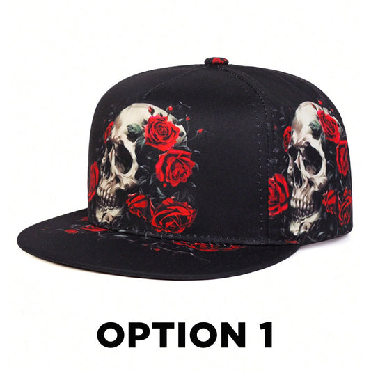 Skull Floral Print Hip Hop Flat Brim Baseball Cap