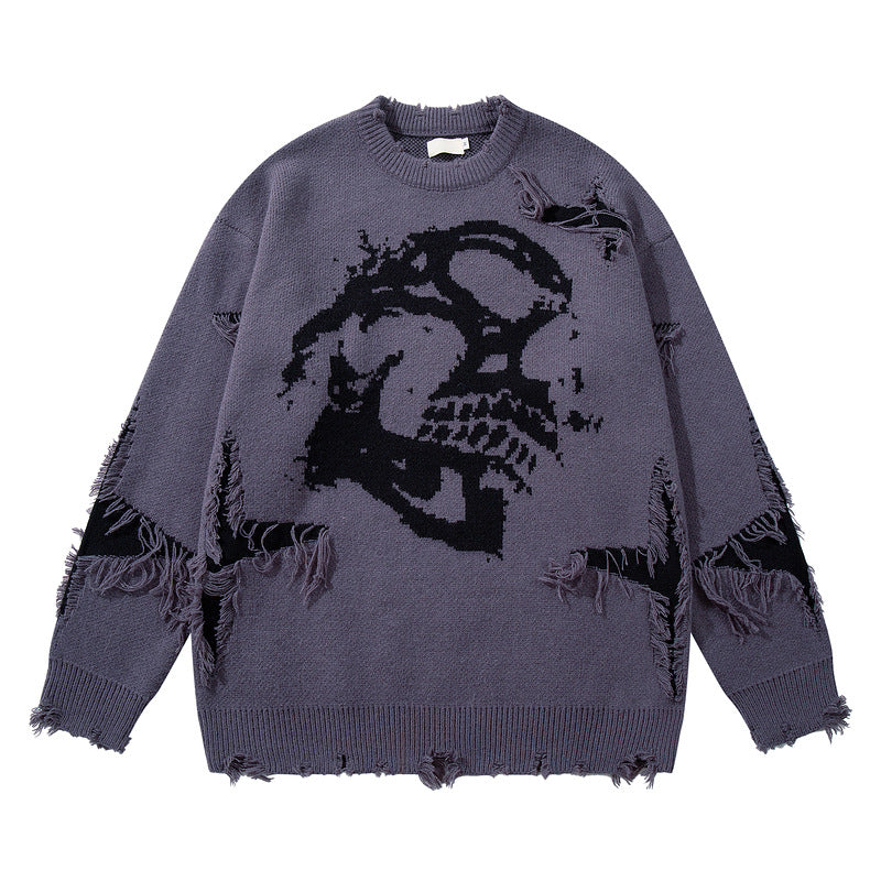 Gothic Distressed Oversized Knit Skull Sweater