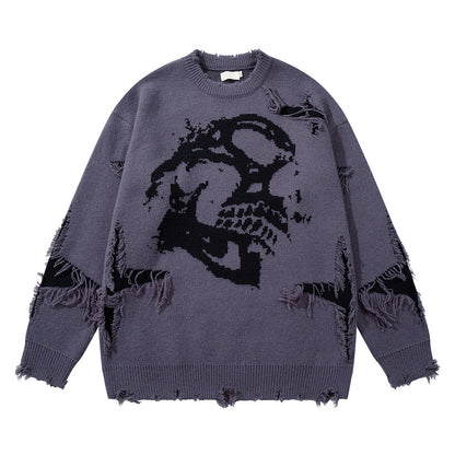 Gothic Distressed Oversized Knit Skull Sweater