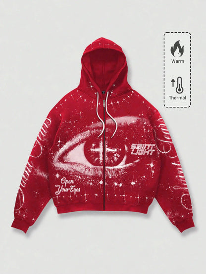 Men's Red Punk Graphic Zip-Up Y2K Streetwear Hoodie