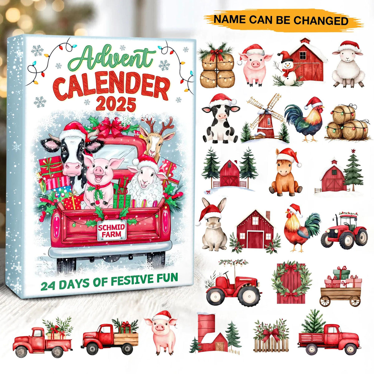 Personalized Farm Animal Advent Calendar 2025 Custom Name Christmas Countdown Box 24 Days of Holiday Fun for Kids and Families