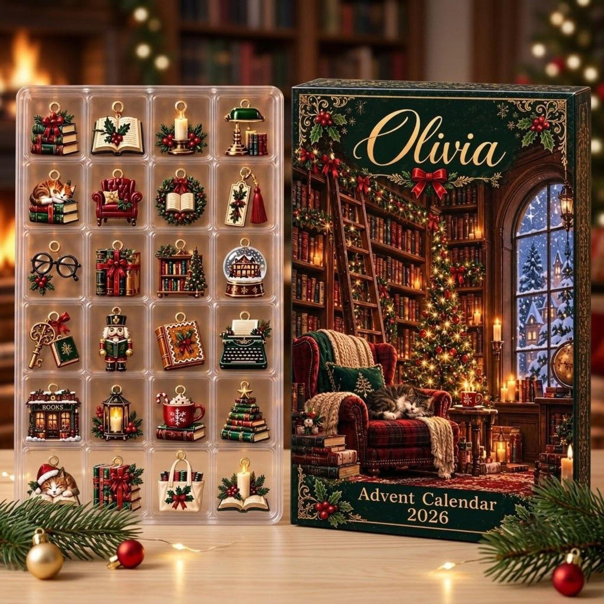 Personalized Library Advent Calendar, 24 Bookish Christmas Charms, Custom Name Reader Gift Box, Holiday Countdown