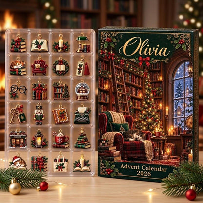 Personalized Library Advent Calendar, 24 Bookish Christmas Charms, Custom Name Reader Gift Box, Holiday Countdown