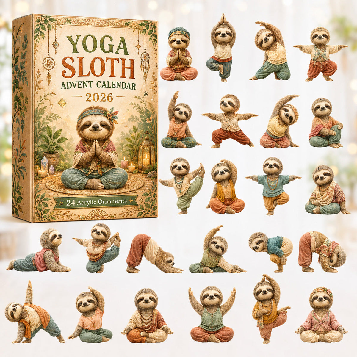 Yoga Sloth Advent Calendar 2026 - 24-Day Festive Countdown, Acrylic Charms Blind Box - Gift For Yoga Lovers