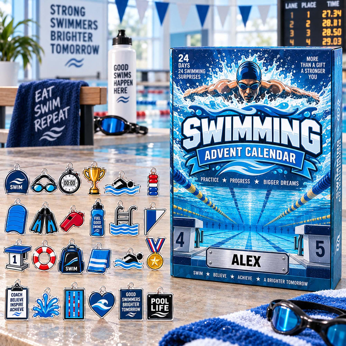 Personalized Swimming Advent Calendar 2026, Custom Swimming Blind Box, 24 Day Christmas Countdown with Swimming Tokens, Xmas Countdown Decor