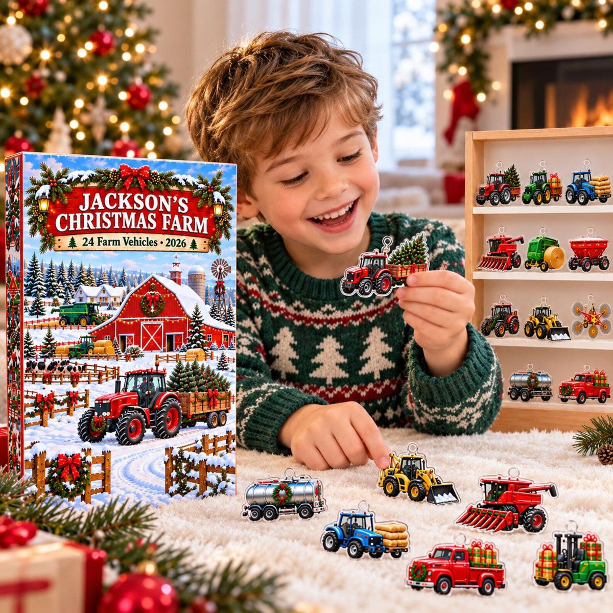 Personalized Farm Advent Calendar 2026, Tractor Christmas Countdown, Farm Vehicle Ornaments, Custom Name Gift for Boys and Tractor Lovers