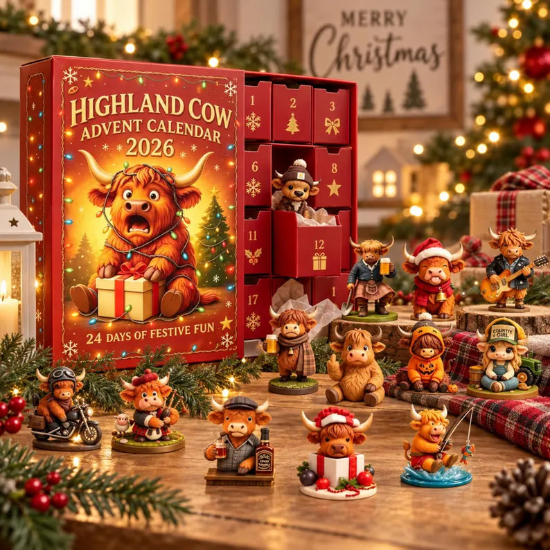 Highland Cow Advent Calendar 2026 24 Days Christmas Countdown 3D Collectible Ornament Farmhouse Holiday Decor Gift for Cow Lovers