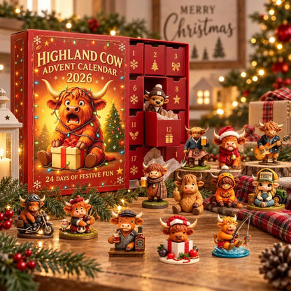 Highland Cow Advent Calendar 2026 24 Days Christmas Countdown 3D Collectible Ornament Farmhouse Holiday Decor Gift for Cow Lovers