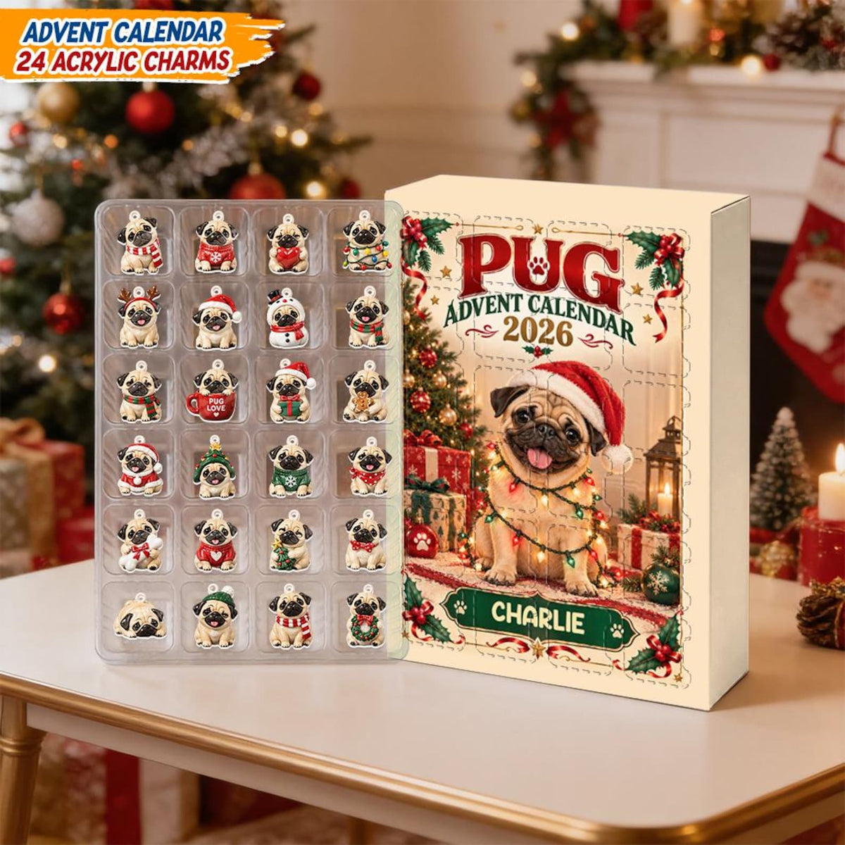 Custom Dog Name Pug Advent Calendar 2026, 24 Pcs Acrylic Dog Charms Christmas Countdown Present Box