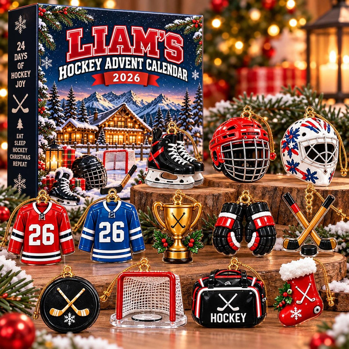 Personalized Hockey Advent Calendar 2026, 24 Acrylic Ornaments, Ice Hockey Christmas Countdown, Hockey Player Gift for Kids