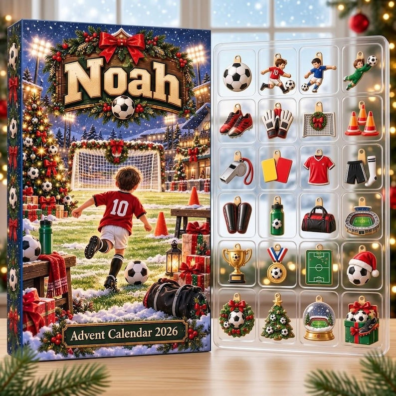 Personalized Soccer Advent Calendar 2026, 24 Football Charms, Custom Name Christmas Countdown Gift for Soccer Players