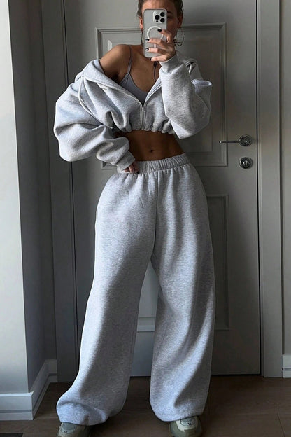 Cropped Zip Hoodie Wide Leg Jogger Set
