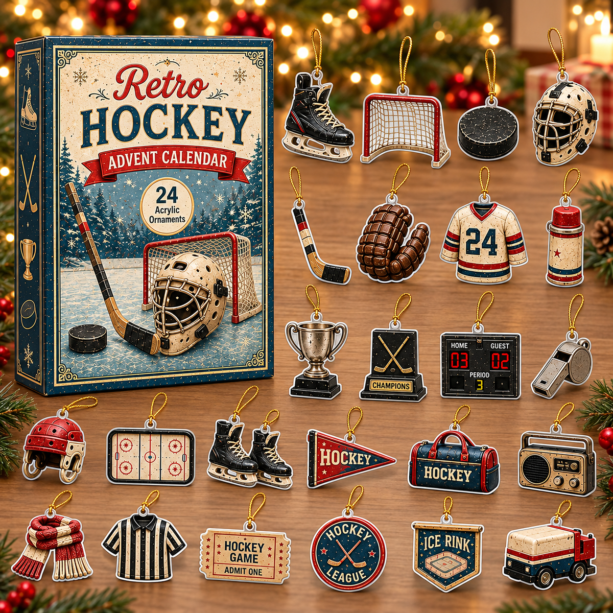 Retro Hockey Advent Calendar 2026 - 24-Day Festive Countdown, Acrylic Charms Blind Box - Gift For Hockey Lovers
