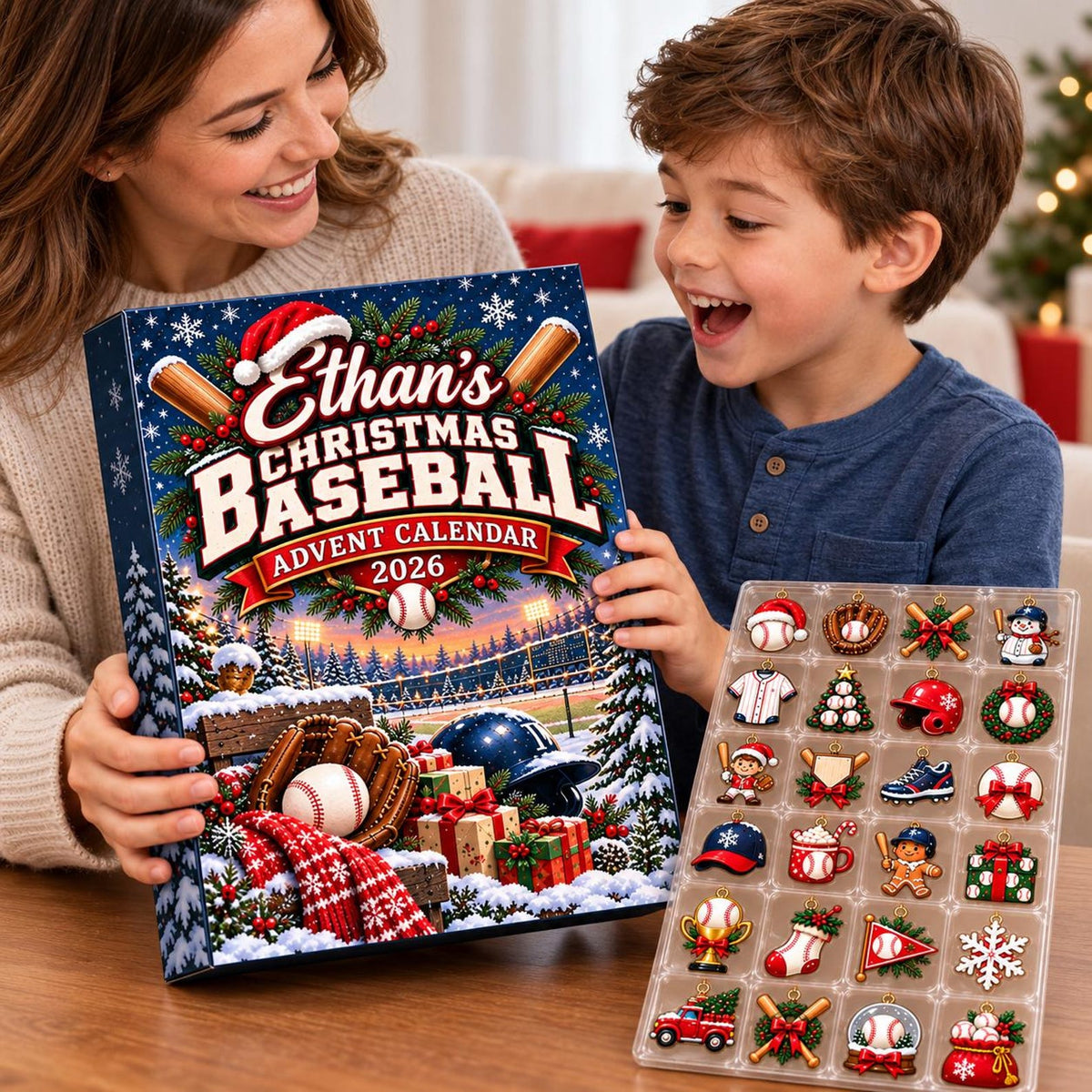 Custom Name Baseball Advent Calendar 2026, Christmas Countdown Box, 24 Baseball Charms, Personalized Holiday Keepsake, Baseball Player Gift