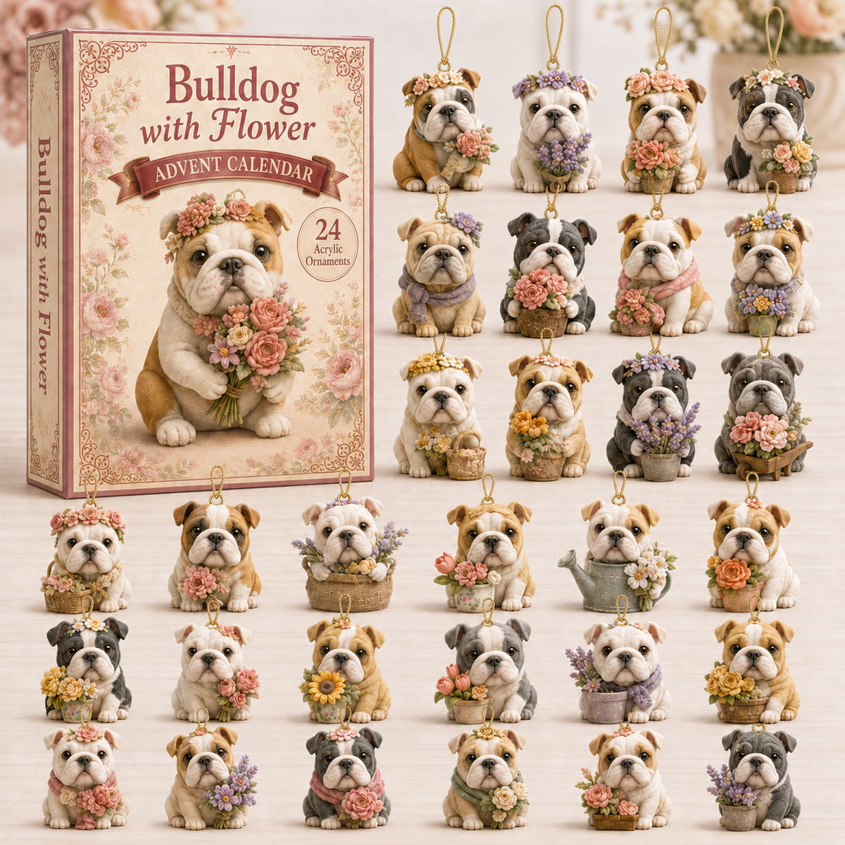 Bulldog With Flower Advent Calendar 2026 - 24-Day Festive Countdown, Acrylic Charms Blind Box - Gift For Bulldog Lovers