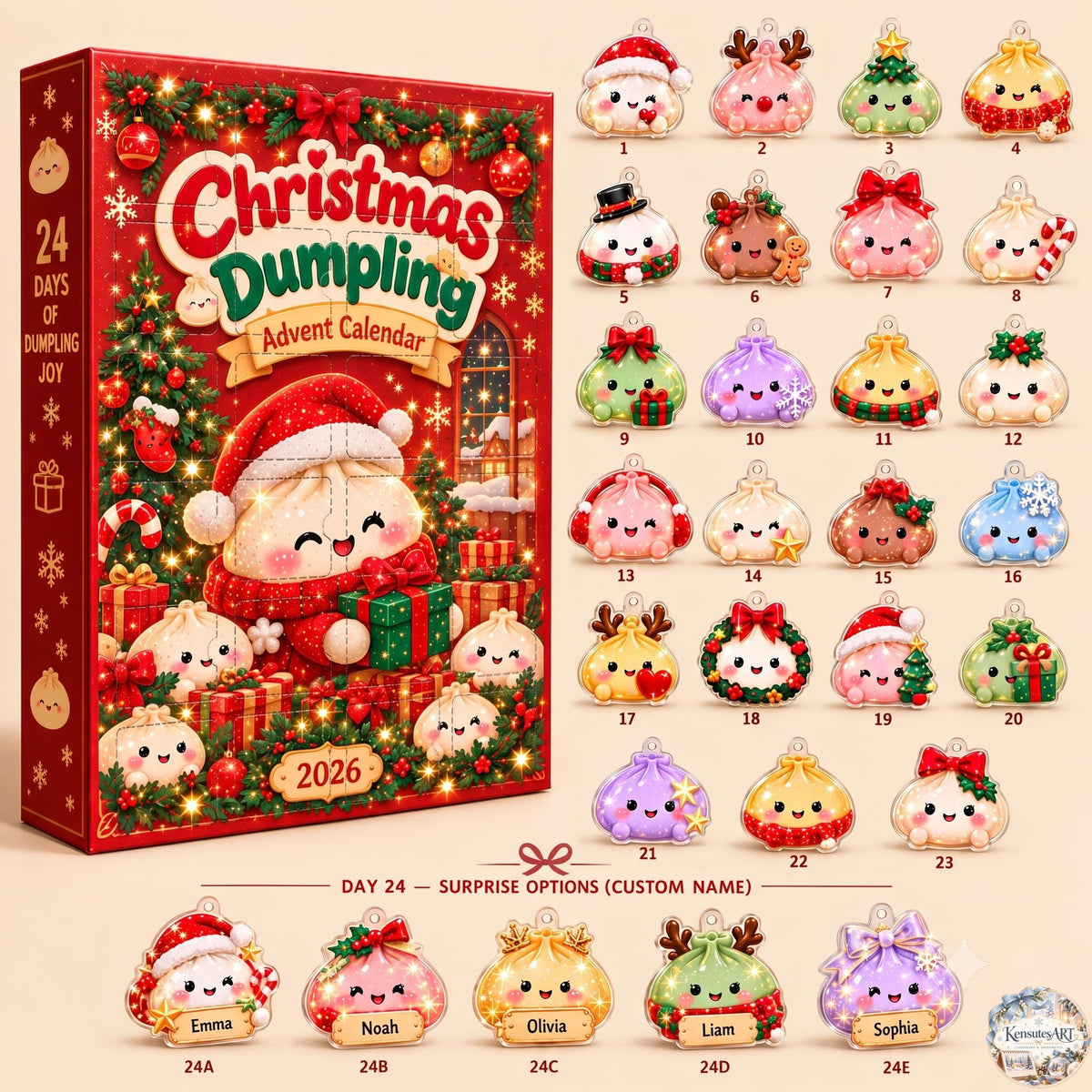 Dumpling Squishy Advent Calendar 2026 | 24 Day Christmas Countdown with Personalized 2D Ornament