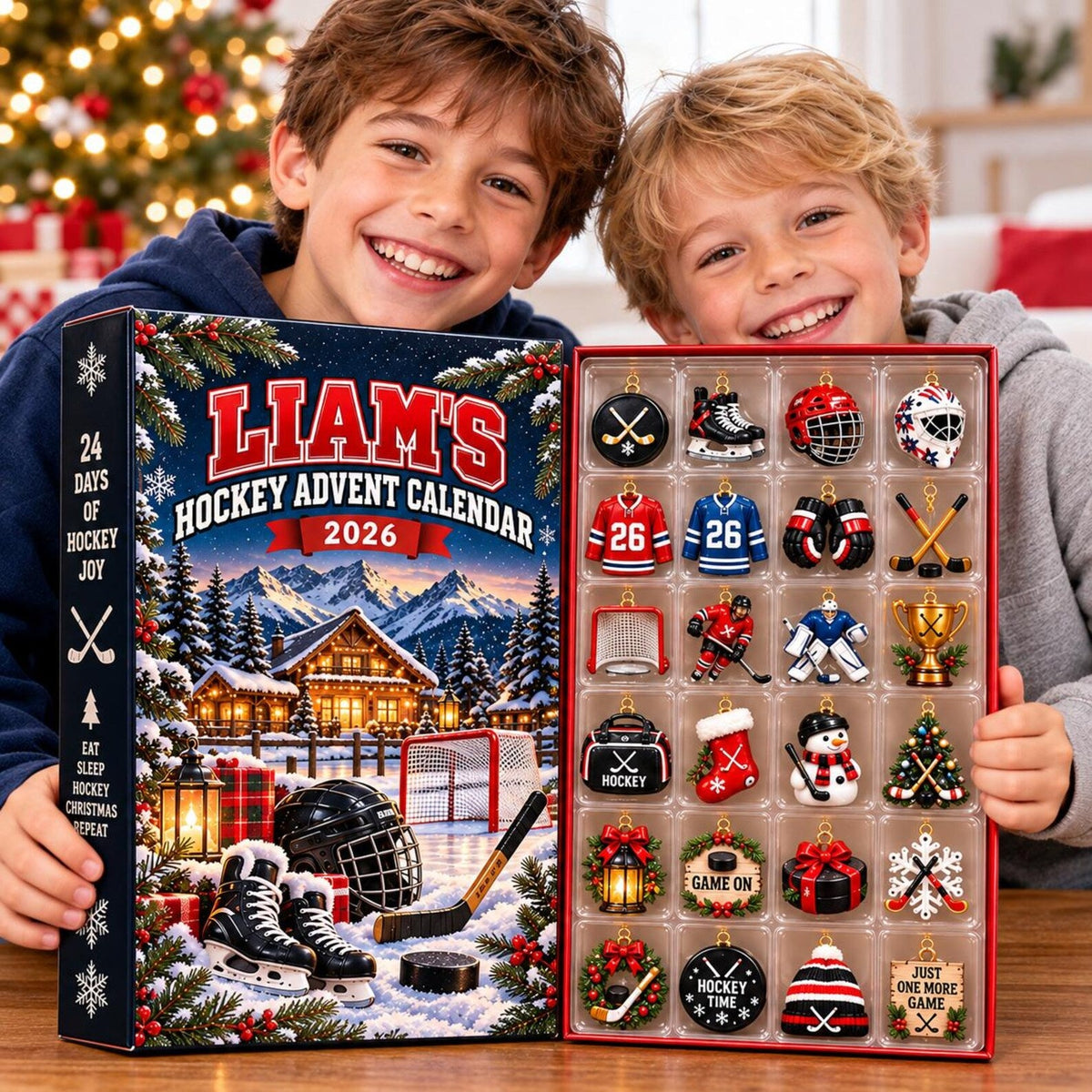Personalized Hockey Advent Calendar 2026, 24 Acrylic Ornaments, Ice Hockey Christmas Countdown, Hockey Player Gift for Kids