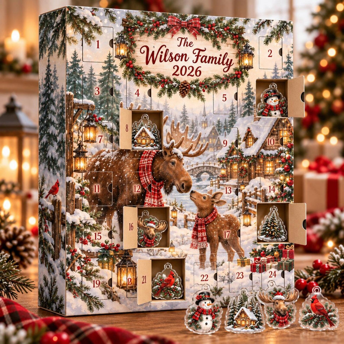 Personalized Moose Advent Calendar, 24 Double-Sided Acrylic Ornaments, Christmas Countdown Box
