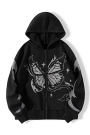 Butterfly Print Black Zip Hoodie