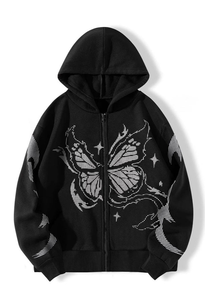 Butterfly Print Black Zip Hoodie