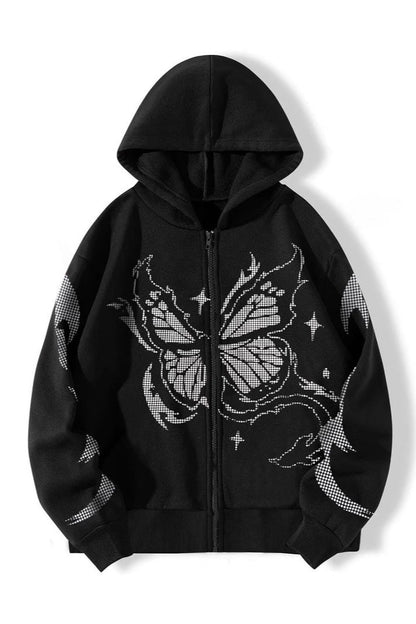 Butterfly Print Black Zip Hoodie