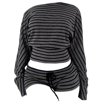 2000s One-Shoulder Top & Striped Shorts Set