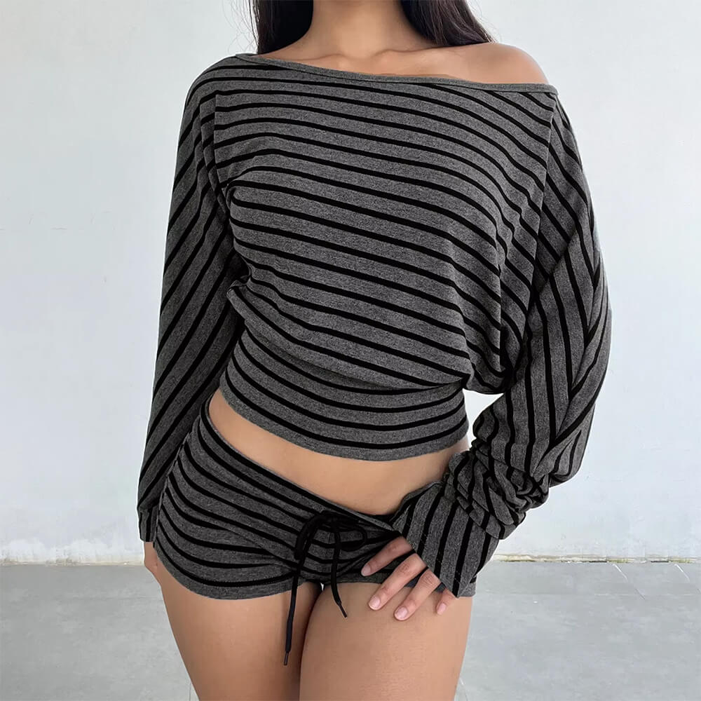 2000s One-Shoulder Top & Striped Shorts Set