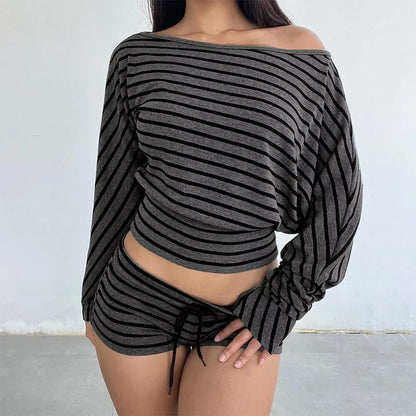 2000s One-Shoulder Top & Striped Shorts Set