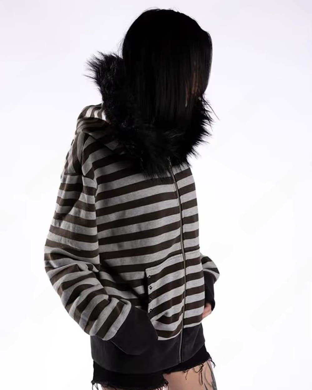 2000s Striped Faux Fur Zip-Up Hoodie