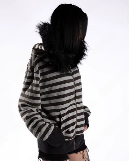 2000s Striped Faux Fur Zip-Up Hoodie