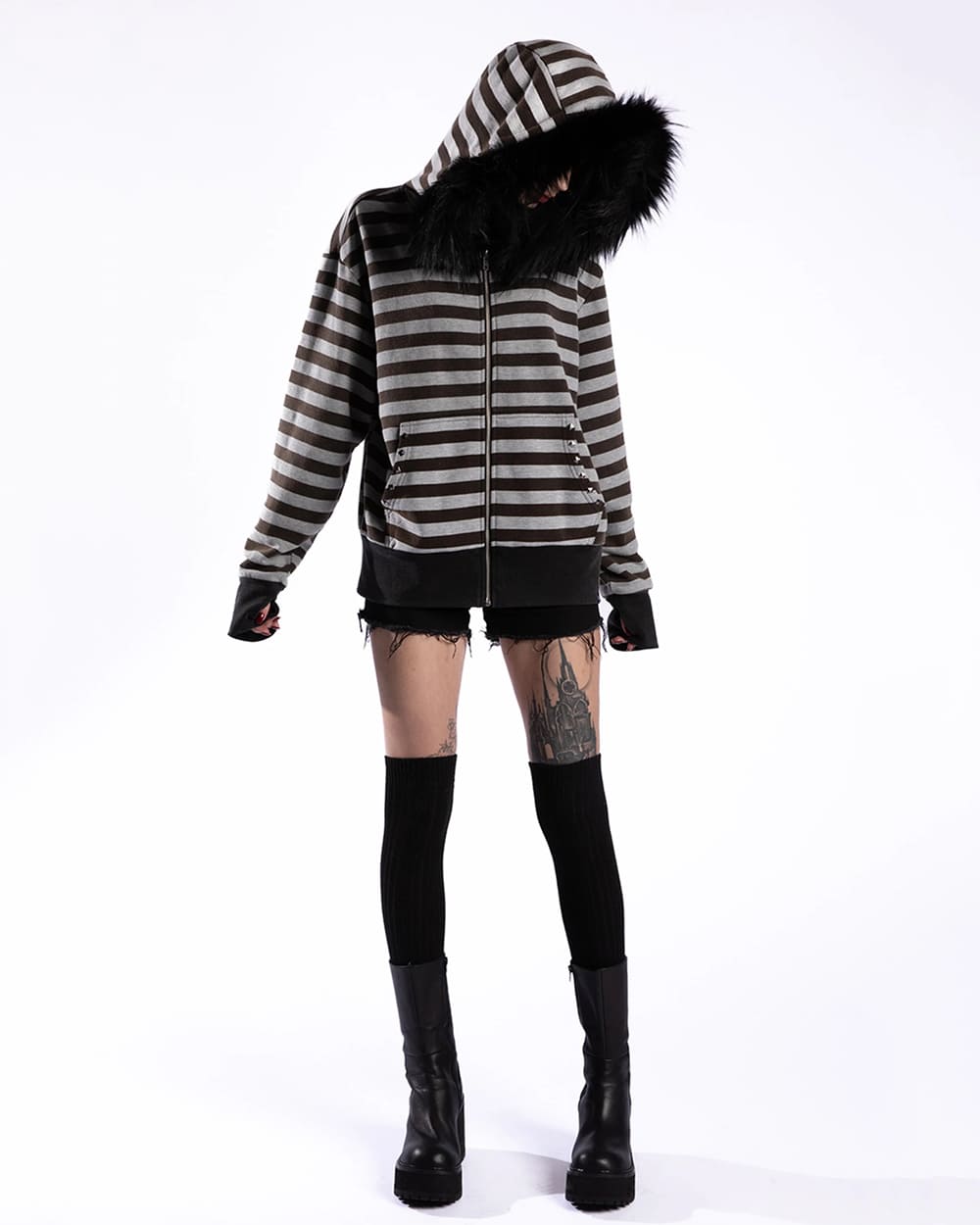2000s Striped Faux Fur Zip-Up Hoodie