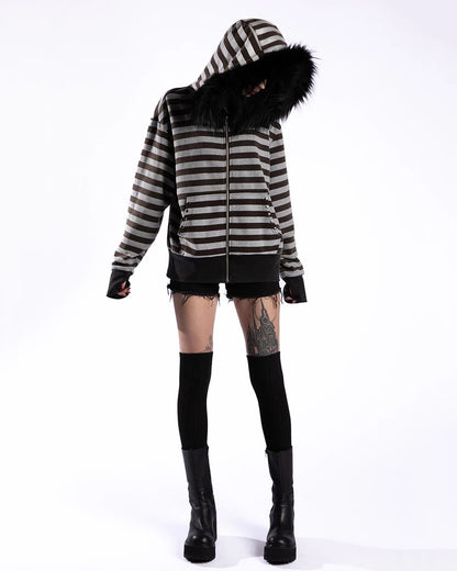 2000s Striped Faux Fur Zip-Up Hoodie