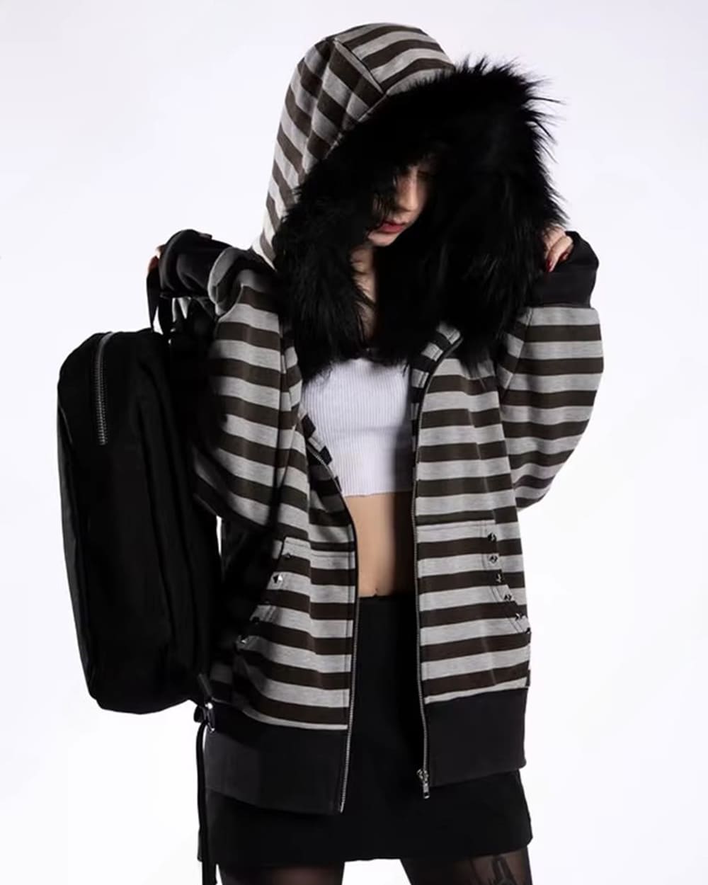 2000s Striped Faux Fur Zip-Up Hoodie