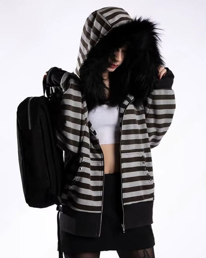 2000s Striped Faux Fur Zip-Up Hoodie