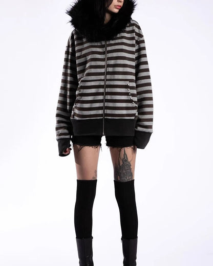 2000s Striped Faux Fur Zip-Up Hoodie