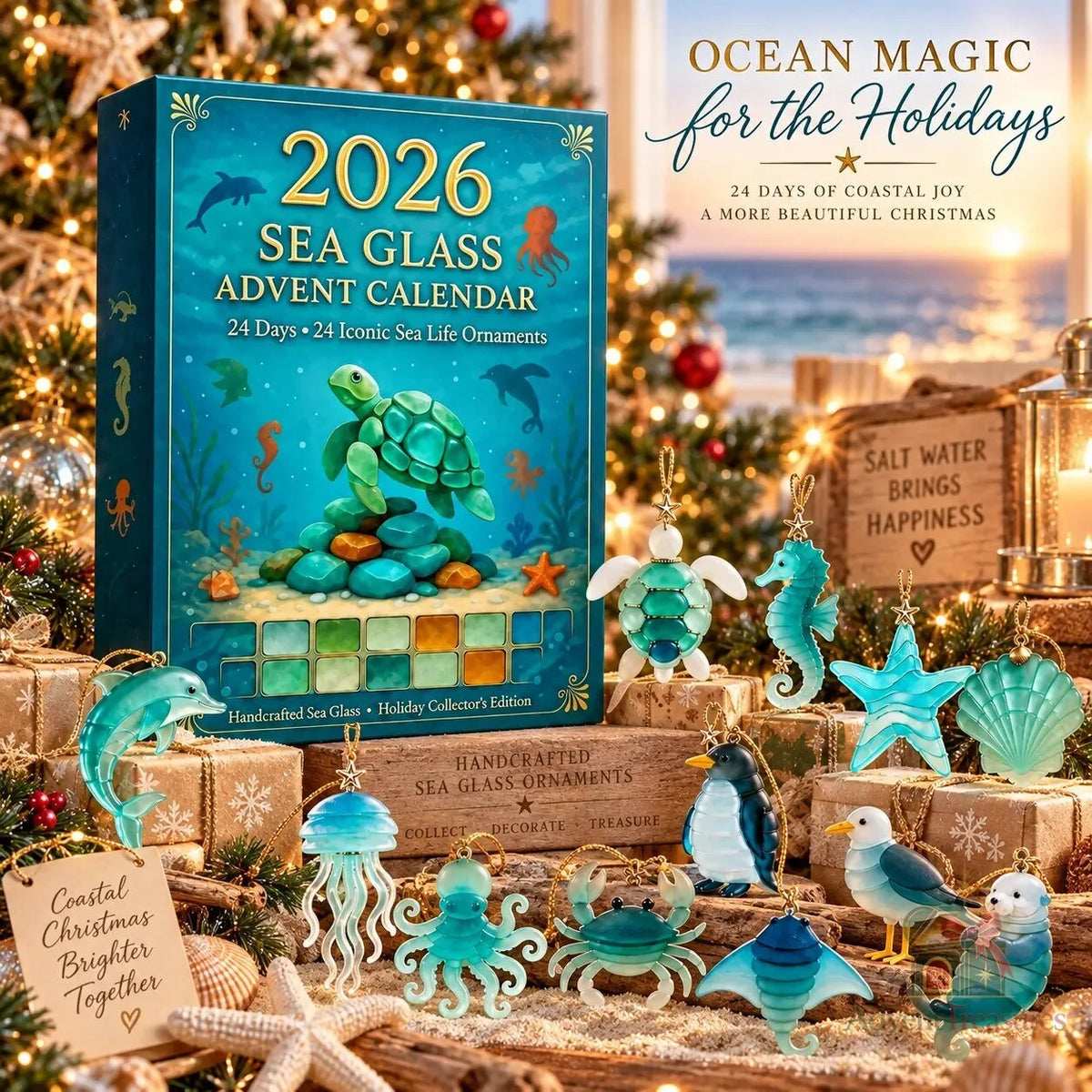 2026 Sea Glass Advent Calendar – 24 Iconic Sea Life Christmas Ornaments Set