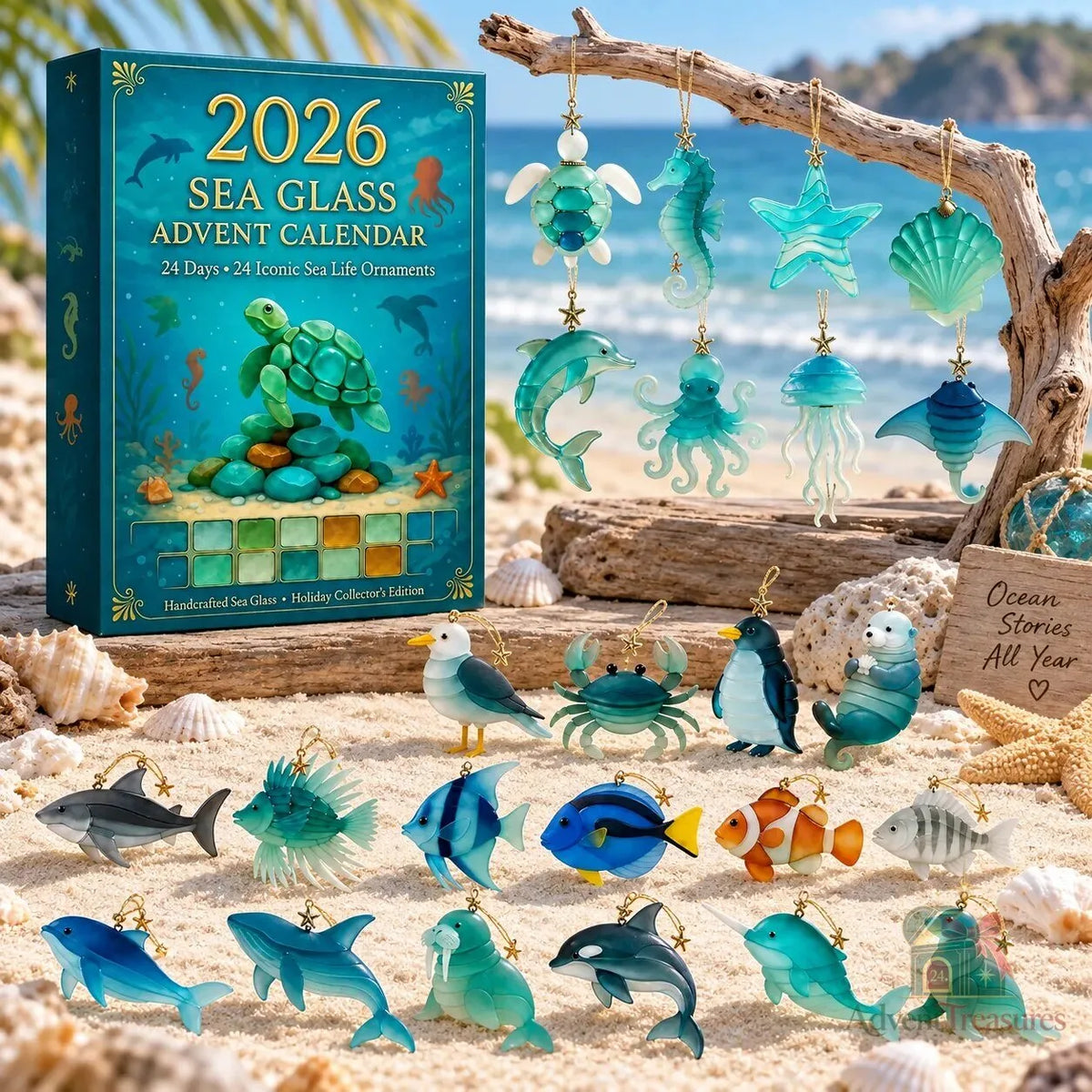 2026 Sea Glass Advent Calendar – 24 Iconic Sea Life Christmas Ornaments Set