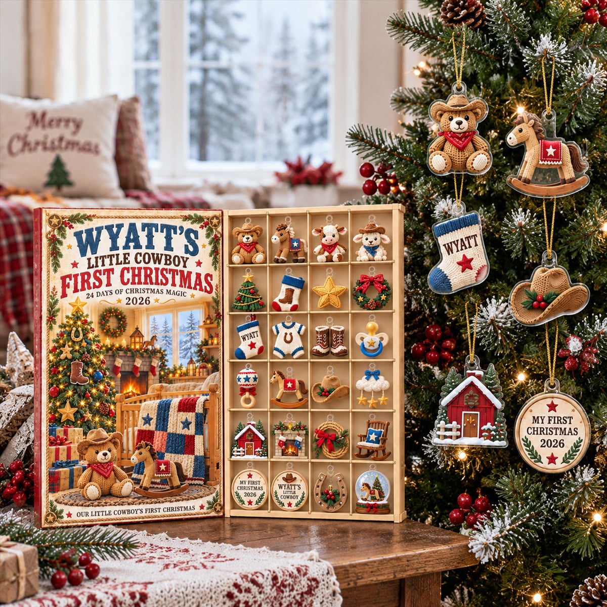 Personalized Baby Cowboy Advent Calendar 2026, First Christmas Countdown, 24 Day Acrylic Ornament Set, Custom Baby Boy Xmas Gift