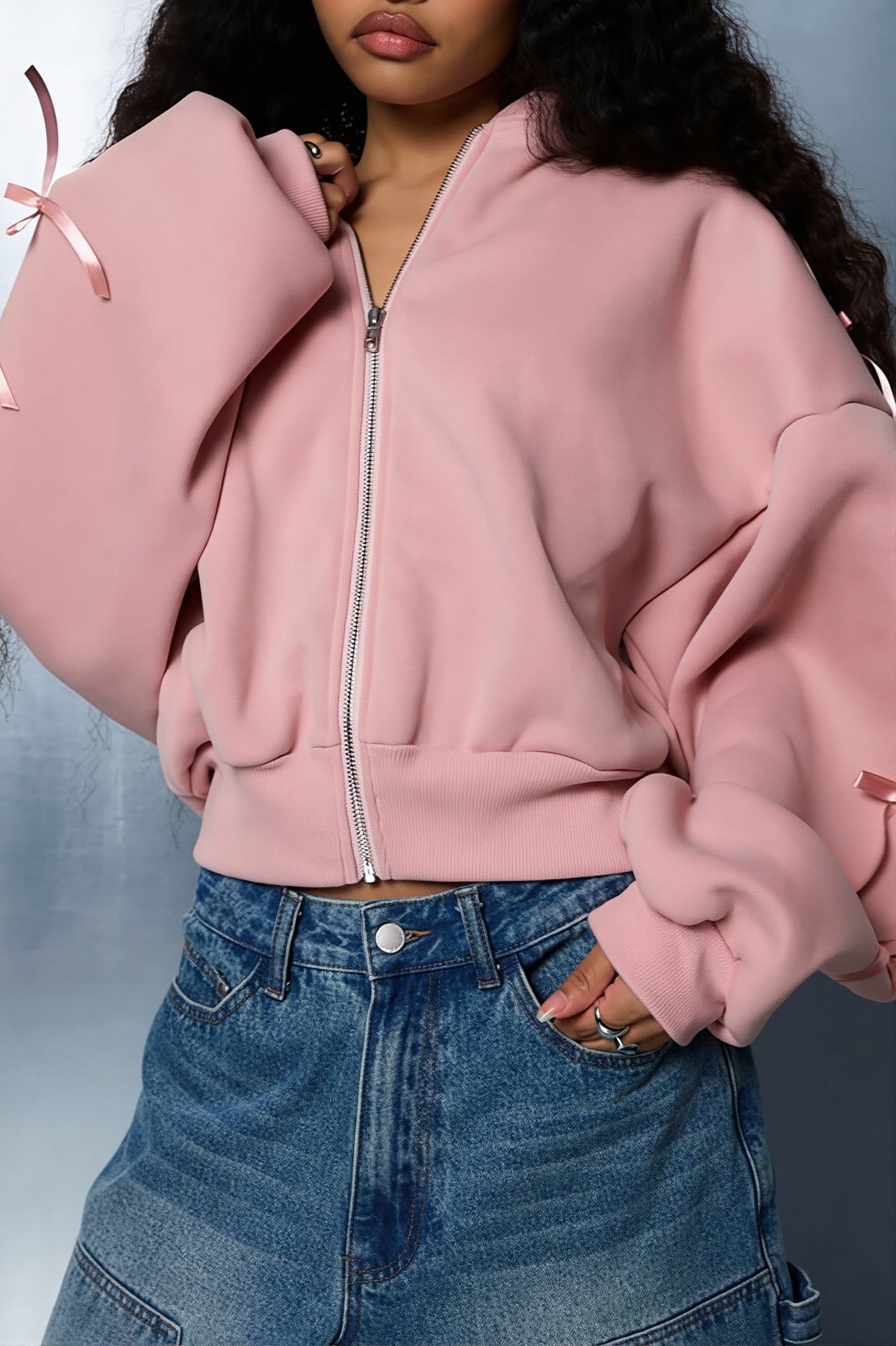 Bow Lace Up Sleeve Cropped Hoodie