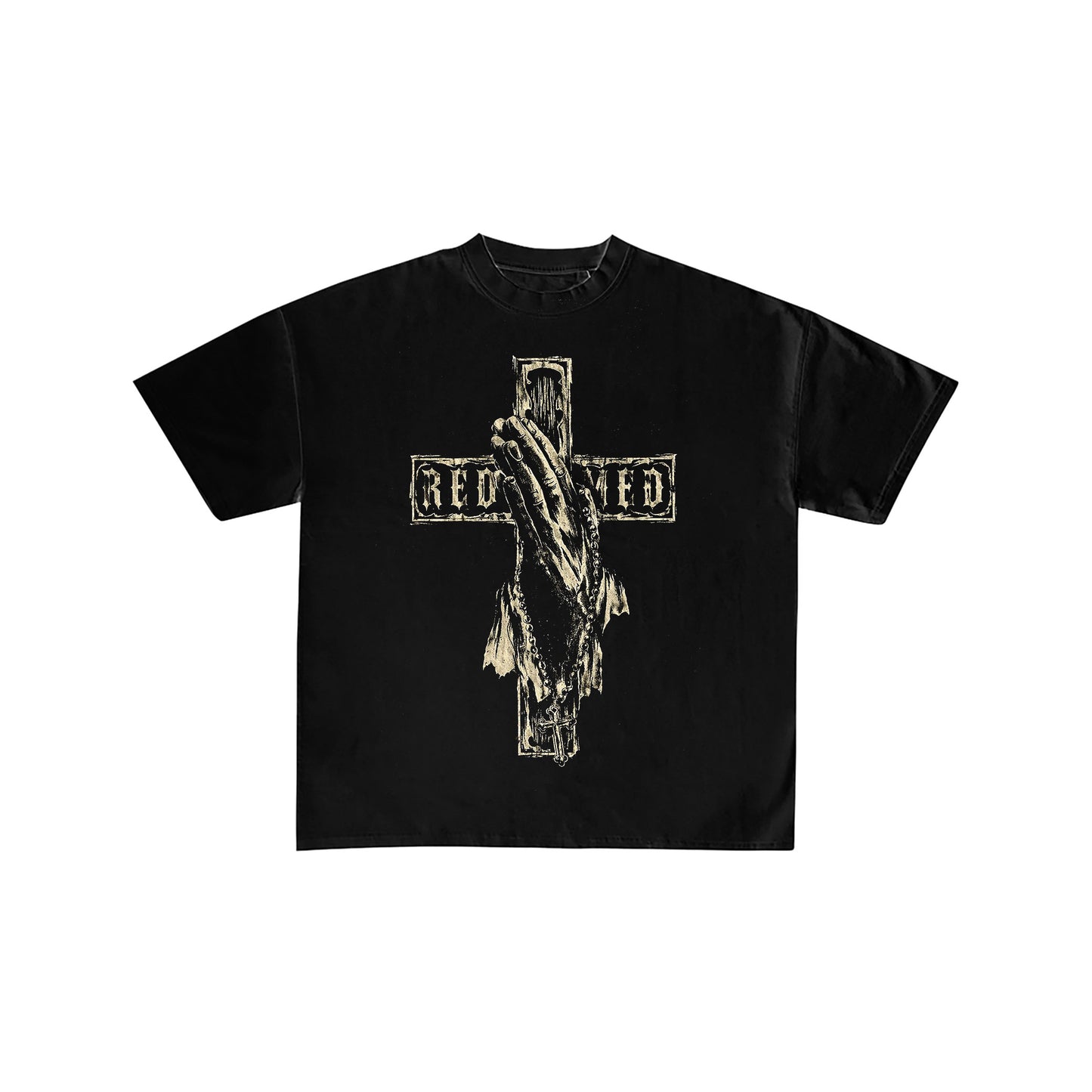 Redeemed Praying Hands Cross Graphic Black T-Shirt
